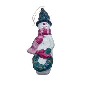 Christmas Ornament Glitter Snowman with Wreath & Scarf - 6” Excellent Condition